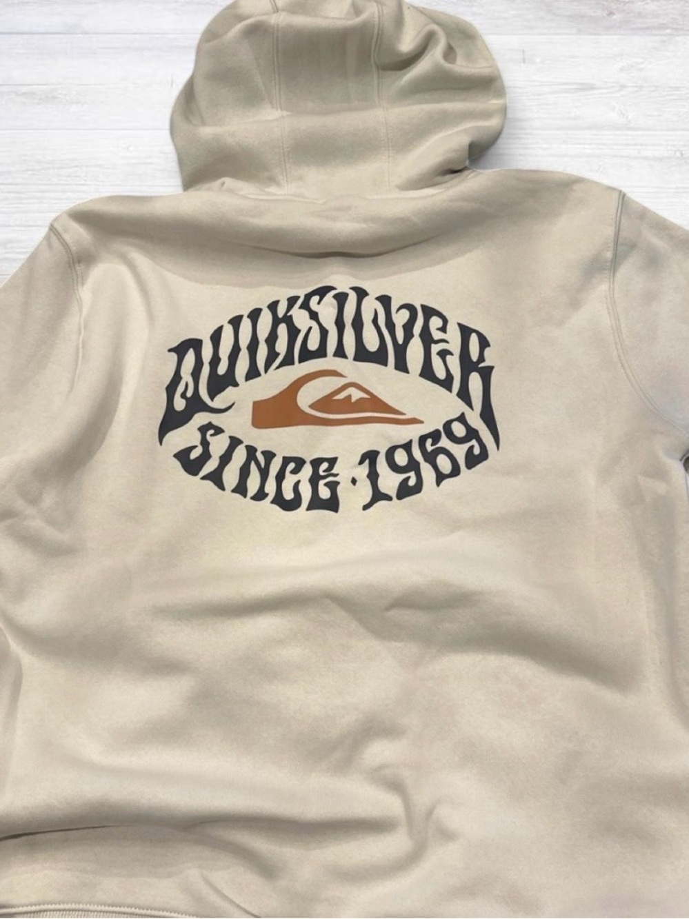 Quiksilver Men's Cream Zip-Up Hoodie with Brown & Black Logo